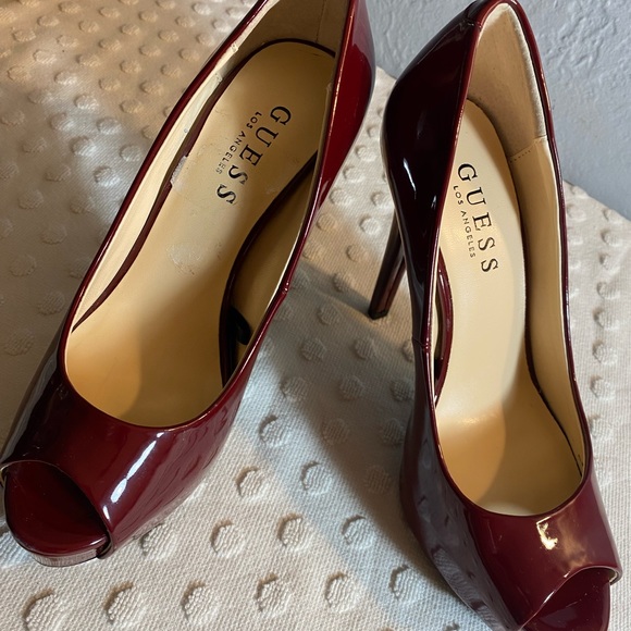 GUESS Burgundy Cacei Patent Leather Peep Toe Pump - Picture 11 of 16